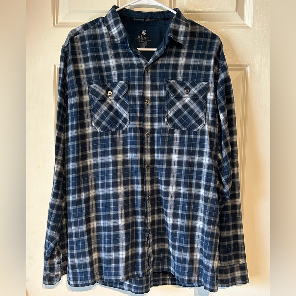 KUHL Flannel Men’s Long Sleeve Blue Plaid Dillingr Button Up Shirt Blue Large